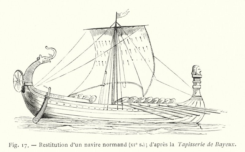 Herstel van een Normandisch schip, XIe eeuw; naar het Tapijt van Bayeux (gravure) door French School