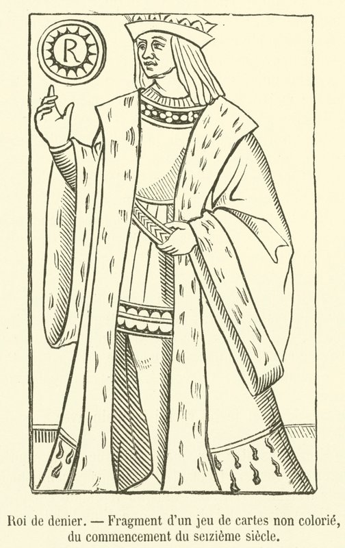 Koning van munten, fragment van een ongekleurd kaartspel, begin zestiende eeuw door French School