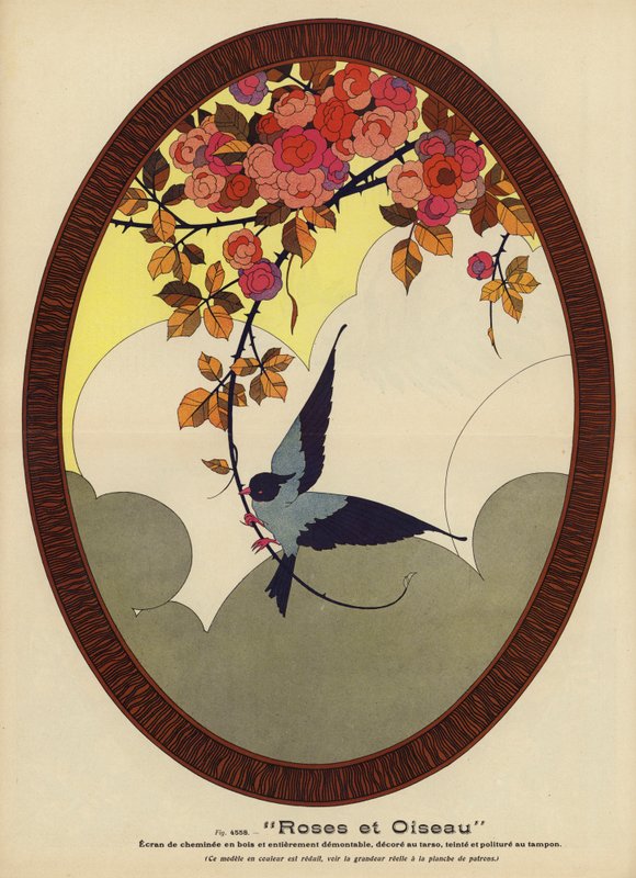 Rozen en vogels (kleurenlitho) door French School