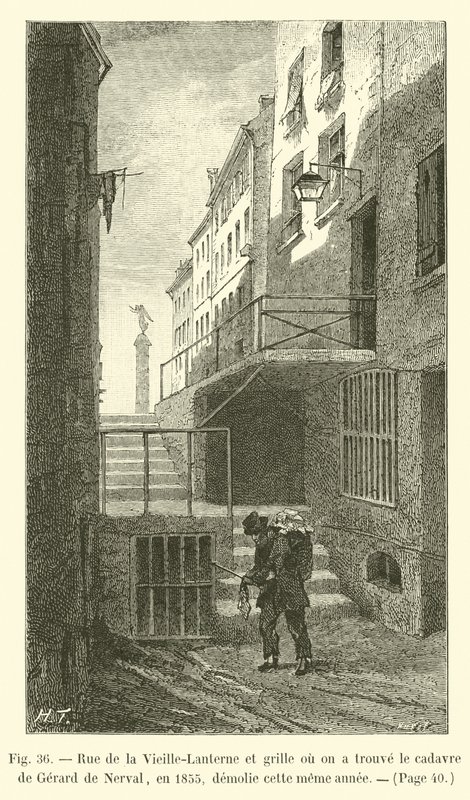 Rue de la Vieille-Lanterne en hek waar het lijk van Gérard de Nerval werd gevonden in 1855, gesloopt datzelfde jaar door French School