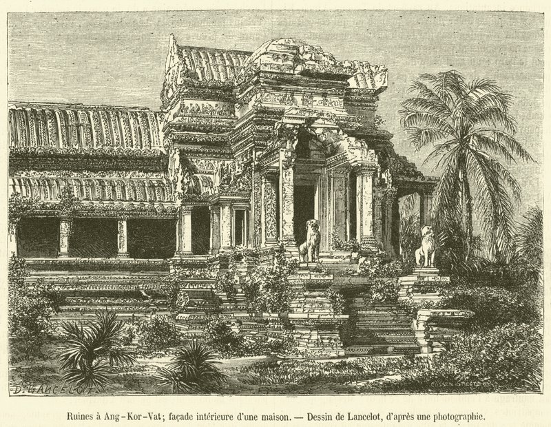 Ruïnes in Angkor Wat, binnengevel van een huis door French School
