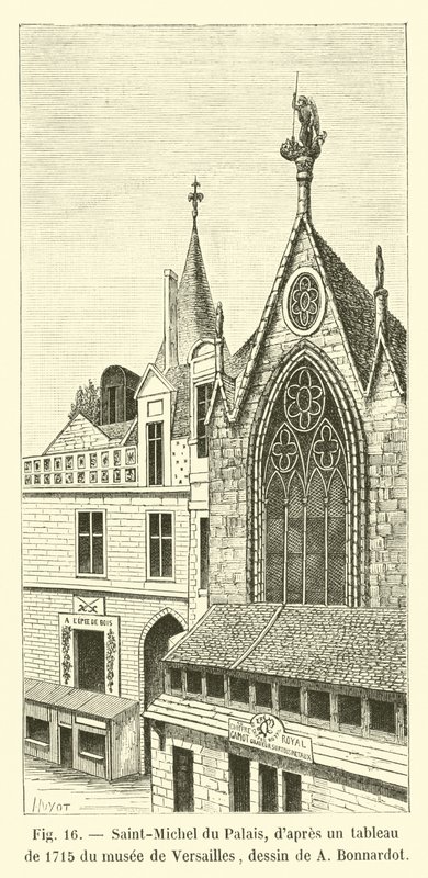 Sint-Michel van het Paleis, volgens een schilderij uit 1715 van het museum van Versailles, tekening door A. Bonnardot door French School