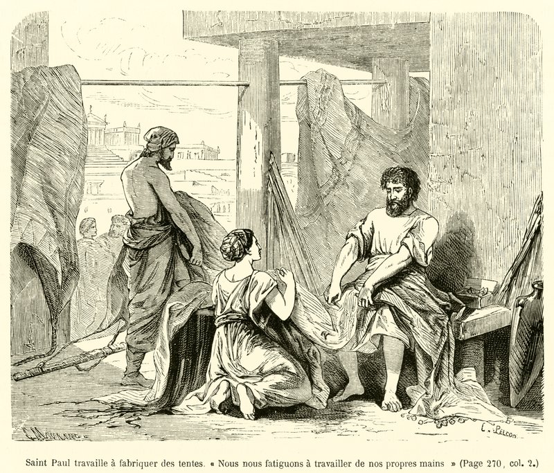 Sint Paulus maakt tenten, "Wij vermoeien ons door met onze eigen handen te werken" (gravure) door French School