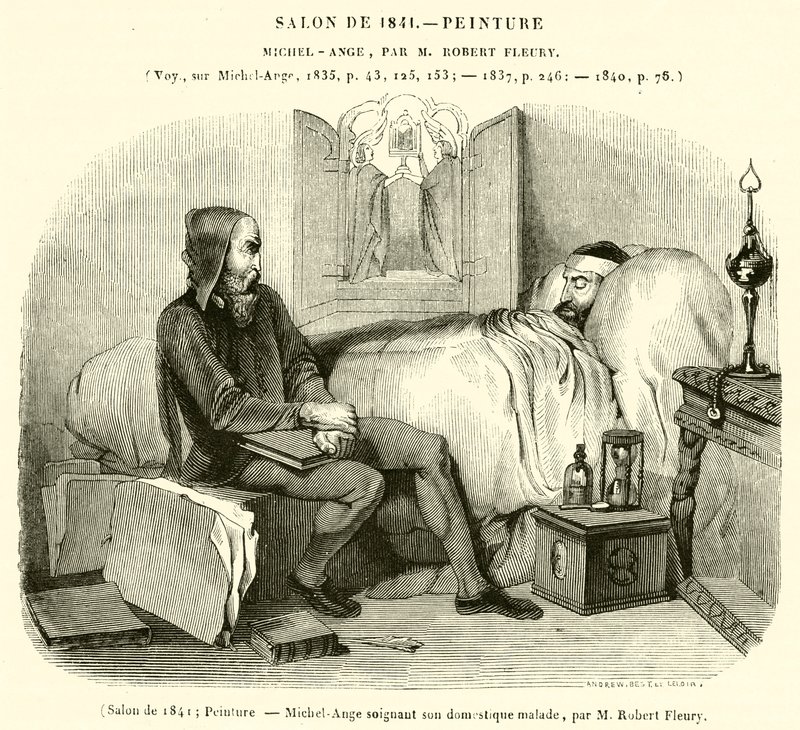 Salon van 1841, Michelangelo verzorgt zijn zieke bediende (gravure) door French School
