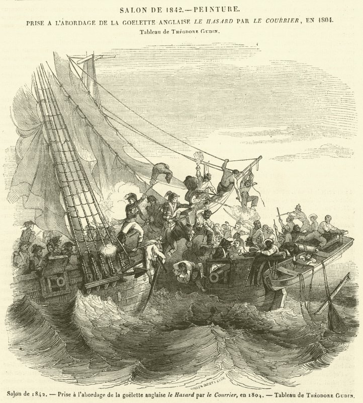 Salon van 1842, Aanval op de Engelse schoener de Hasard door de Courrier, in 1804 (gravure) door French School