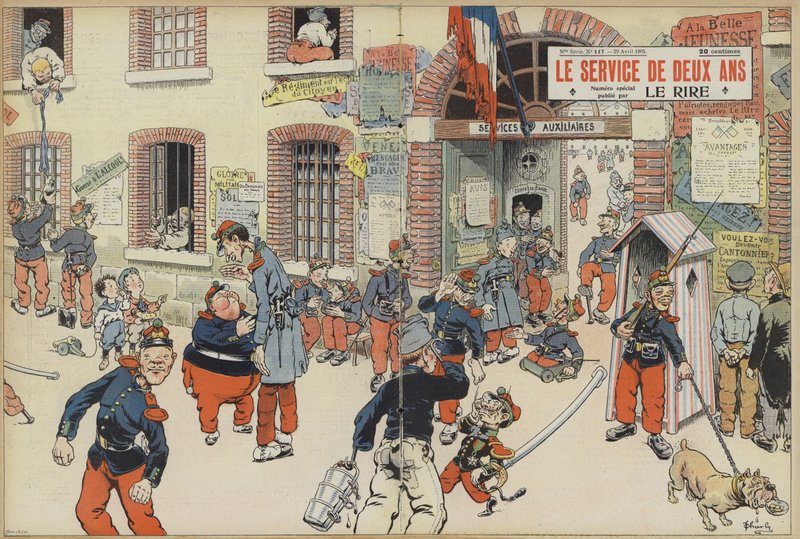 Satire op de invoering van de dienstplicht in het Franse leger. Illustratie voor Le Rire door French School