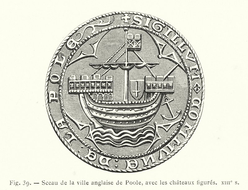 Zegel van de Engelse stad Poole, met afgebeelde kastelen, XIIIe eeuw (gravure) door French School