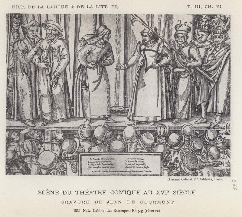 Scène uit het komische theater in de 16e eeuw (litho) door French School