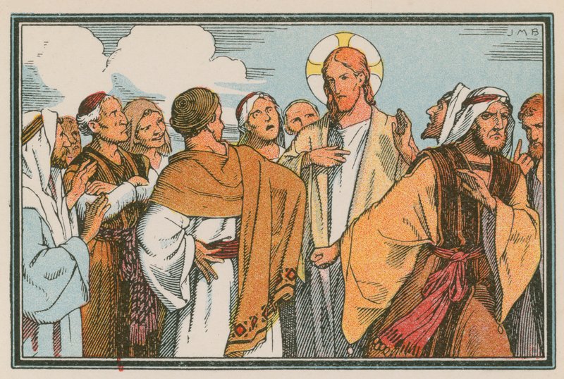 Scène uit het leven van Jezus (gekleurde gravure) door French School