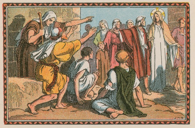 Scène uit het leven van Jezus (gekleurde gravure) door French School