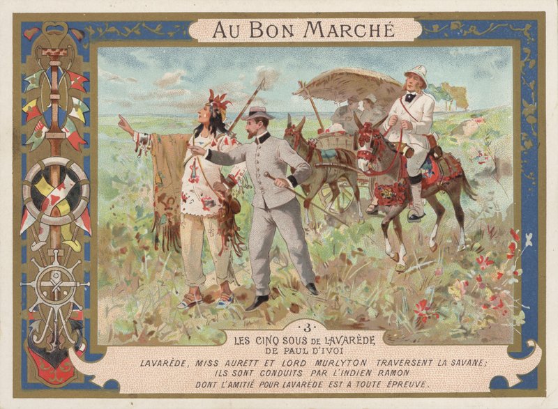 Scène uit de roman Les Cinq Sous de Lavarede, door Paul Ivoi door French School