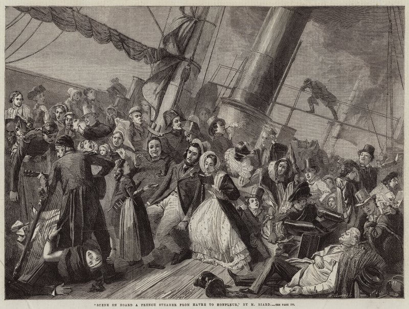 Scène aan boord van een Franse stoomboot van Havre naar Honfleur (gravure) door French School