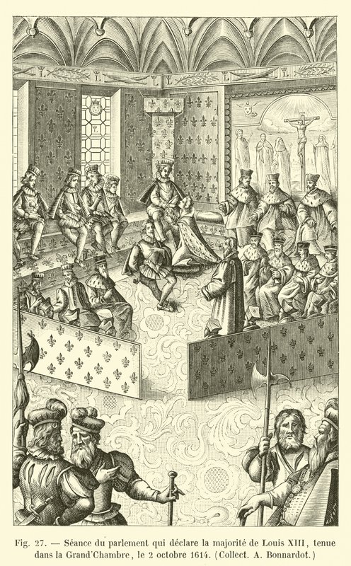 Zitting van het parlement dat de meerderjarigheid van Lodewijk XIII verklaart, gehouden in de Grote Kamer, op 2 oktober 1614, Collectie A. Bonnardot door French School