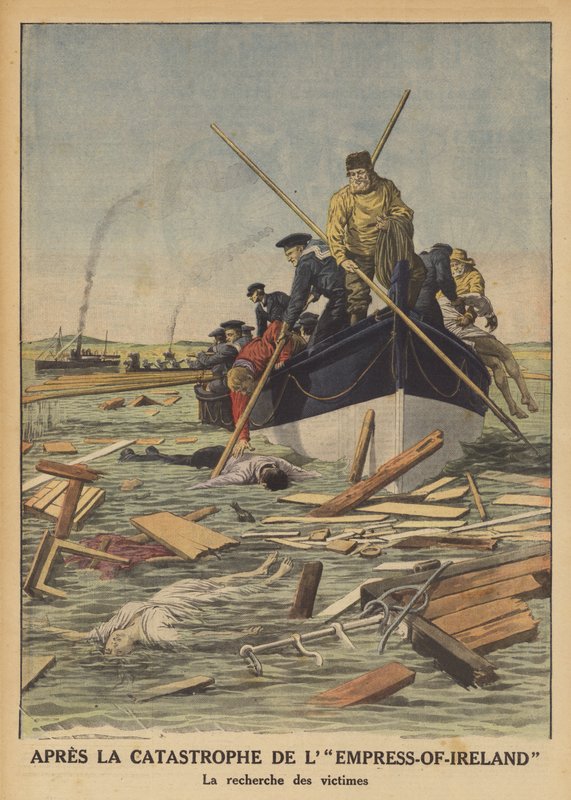 Zoeken naar slachtoffers van het zinken van de Empress of Ireland (kleur litho) door French School