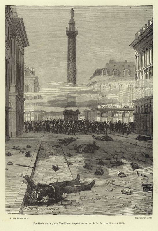 Schietpartijen op de Place Vendôme, Parijs, Commune van Parijs, 23 maart 1871 door French School