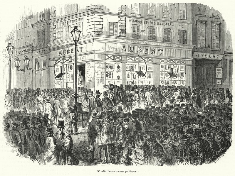 Etalage gevuld met politieke karikaturen (gravure) door French School