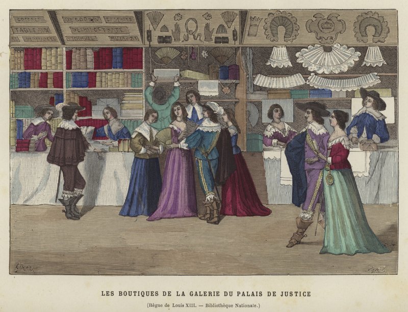 Winkels in de Galerie du Palais de Justice, Parijs, bewind van Lodewijk XIII, 17e eeuw door French School