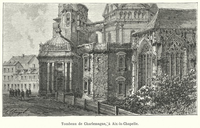 Plaats van het graf van keizer Karel de Grote, Dom van Aken, Duitsland (gravure) door French School