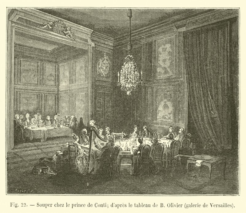 Avondmaal bij de prins van Conti; naar het schilderij van B Olivier, galerie van Versailles door French School