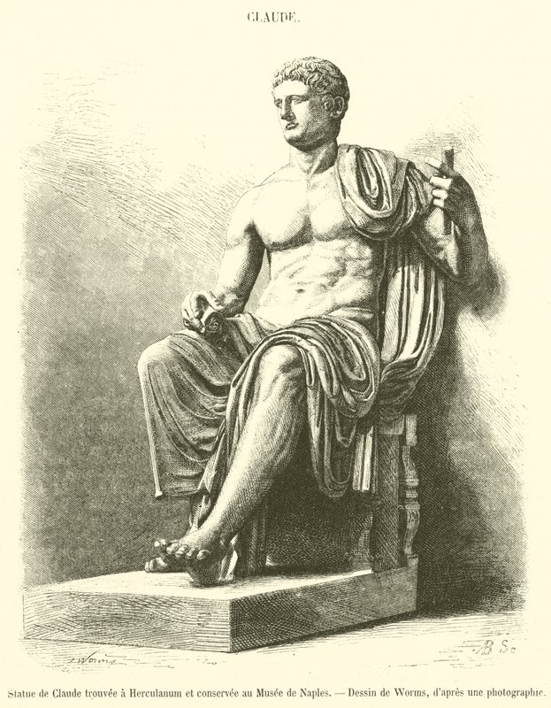 Standbeeld van Claudius gevonden in Herculaneum en bewaard in het Museum van Napels (gravure) door French School