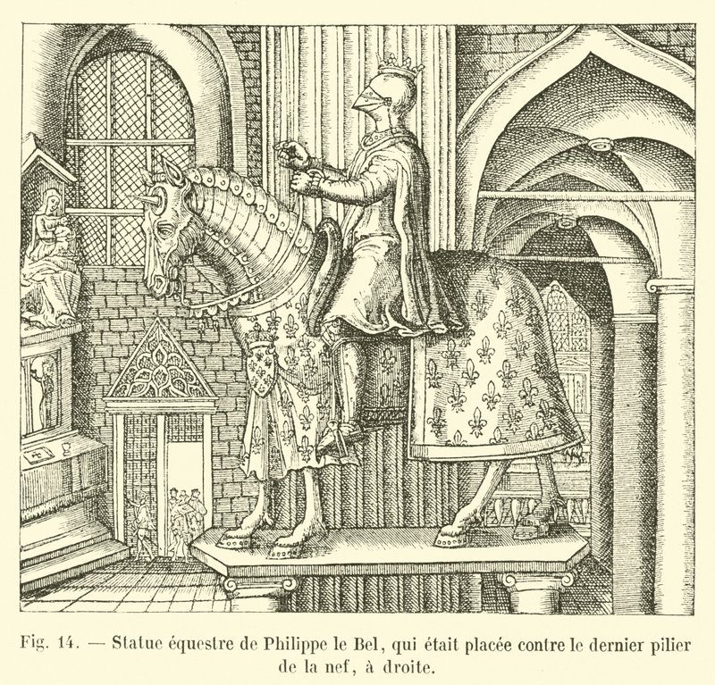 Ruiterstandbeeld van Filips de Schone, dat tegen de laatste pilaar van het schip stond, rechts door French School