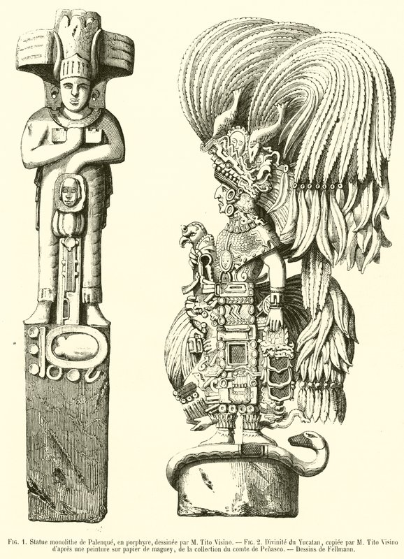 Monolithische standbeeld van Palenque, in porfier; Godheid van Yucatan door French School