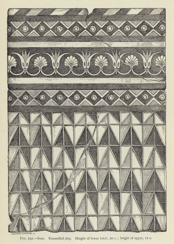 Susa, geëmailleerde klei, hoogte van onderste baksteen, 20 cm; hoogte van bovenste, 12 cm door French School