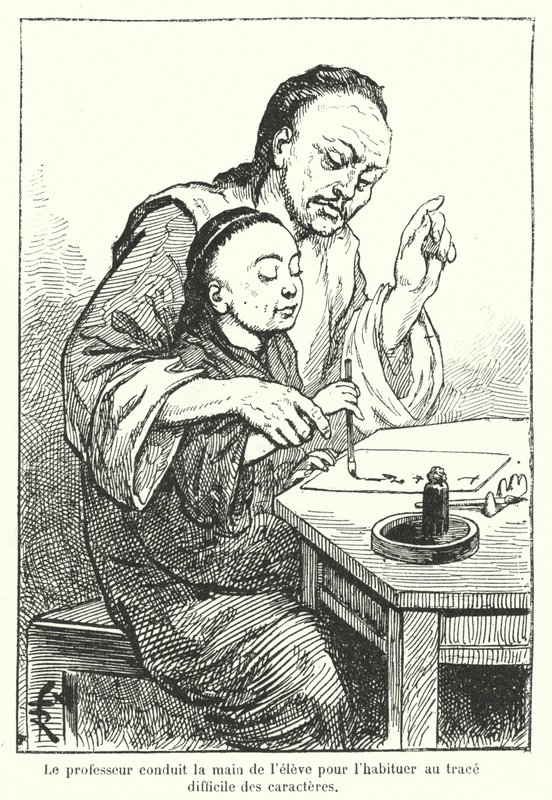 Leraar begeleidt de hand van een leerling die Chinese karakters leert schrijven door French School