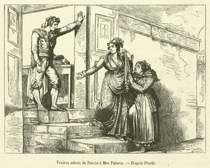 Tedere afscheid van Nuccia aan Meo Patacca (gravure) door French School