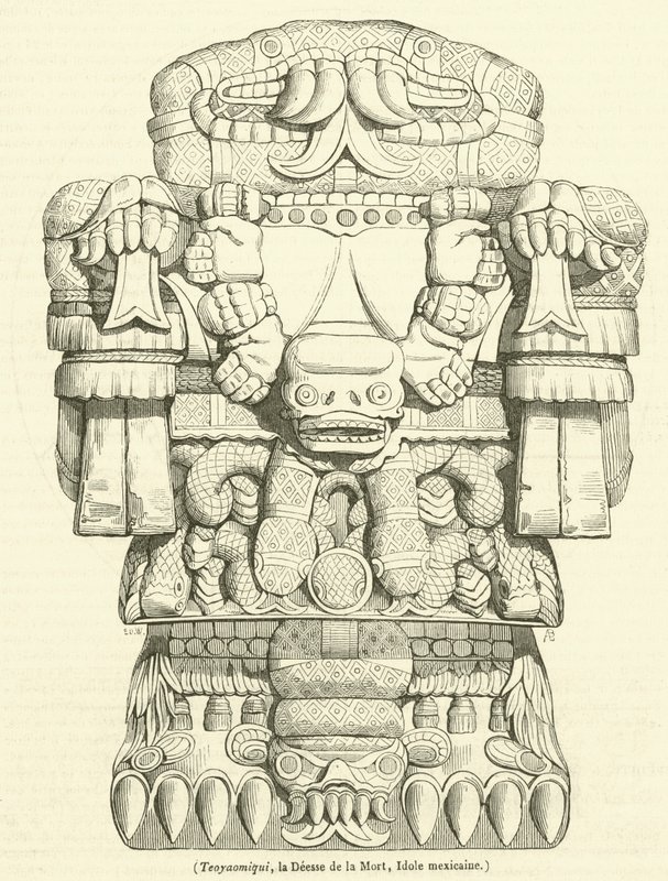 Teoyaomiqui, de Godin van de Dood, Mexicaans idool (gravure) door French School