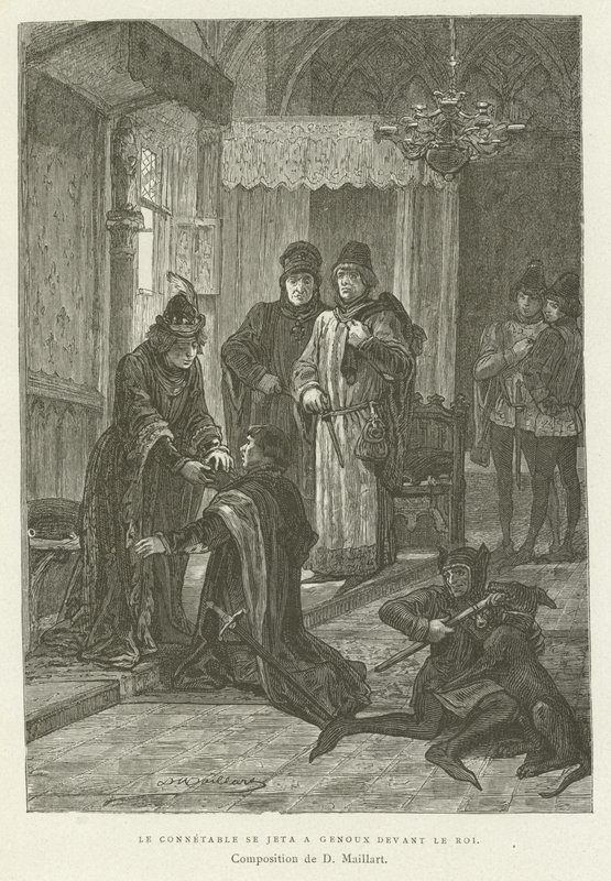 De constable wierp zich op zijn knieën voor de koning door French School