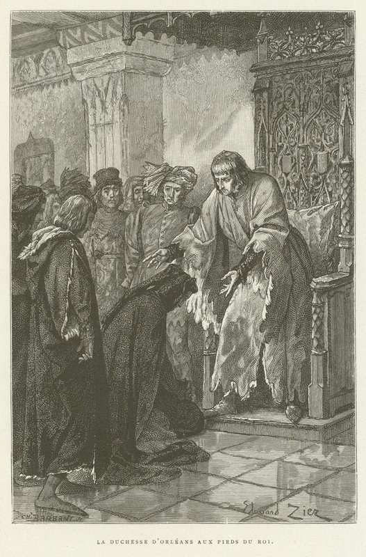 De hertogin van Orléans aan de voeten van de koning door French School
