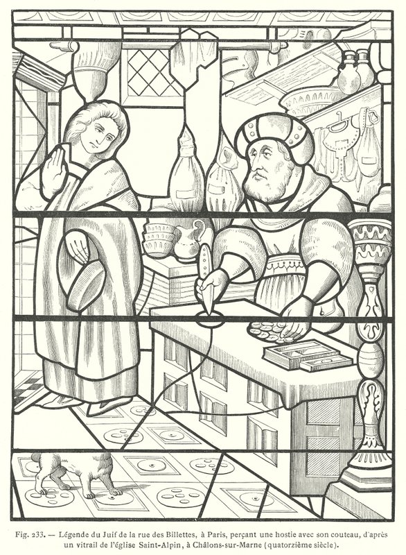 De Jood van de Rue des Billettes, Parijs, ontwijdt de hostie door deze met zijn mes te doorboren, naar een 14e-eeuws glas-in-loodraam in de kerk van Saint-Alpin, Chalons-sur-Marne, Frankrijk door French School