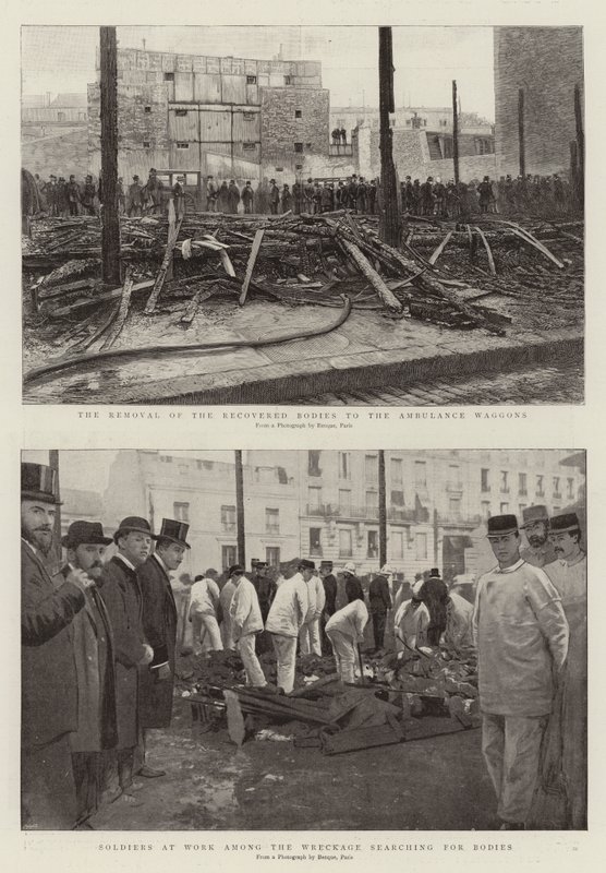 Het Verwijderen van de geborgen lichamen naar de Ambulancewagens, Soldaten aan het Werk tussen het Wrak op zoek naar lichamen (gravure) door French School