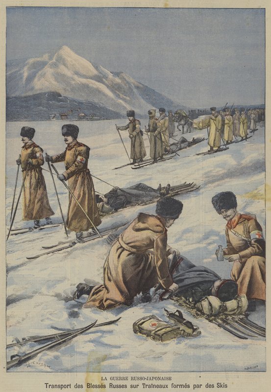 De Russisch-Japanse Oorlog: gewonde Russische soldaten vervoeren op sleeën gemaakt van ski