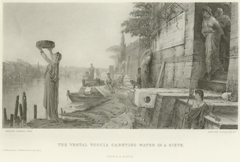 De Vestaalse Tuccia draagt water in een zeef (gravure) door French School