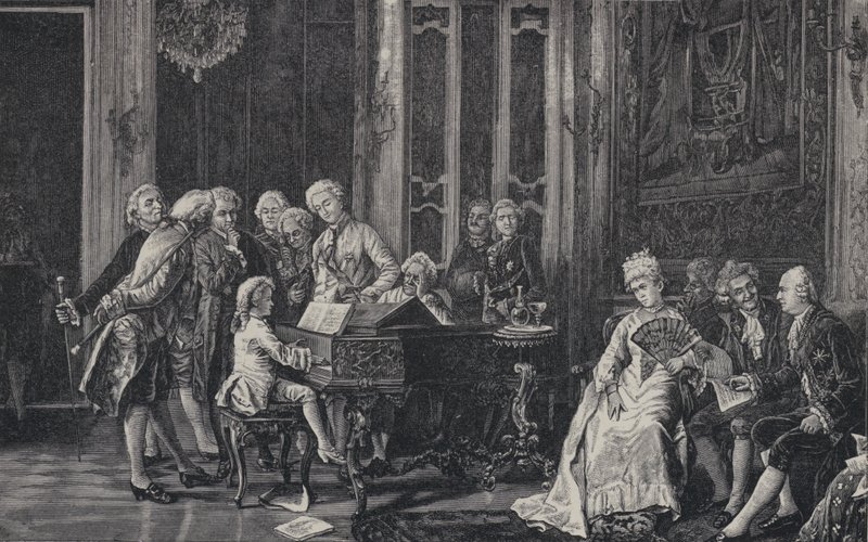 De zevenjarige Wolfgang Amadeus Mozart speelt voor koning George III in Londen, 1764 door French School