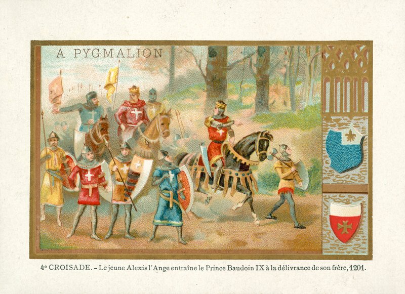 De jonge Alexios IV Angelos brengt Boudewijn IX, Graaf van Vlaanderen, om zijn broer te bevrijden, Vierde Kruistocht door French School