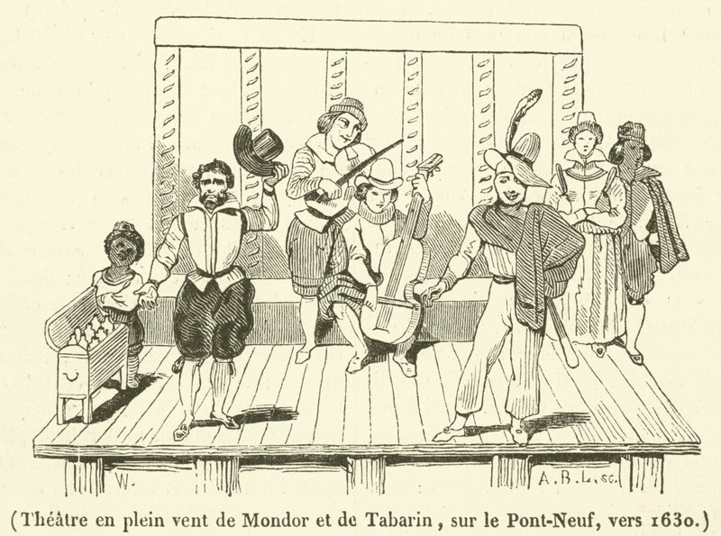Openluchttheater van Mondor en Tabarin, op de Pont-Neuf, rond 1630 (gravure) door French School