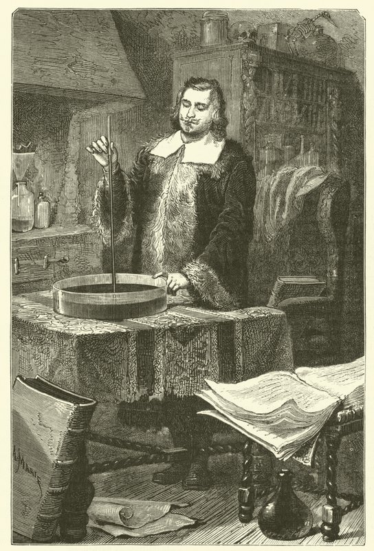 Torricelli die de barometer uitvindt door French School