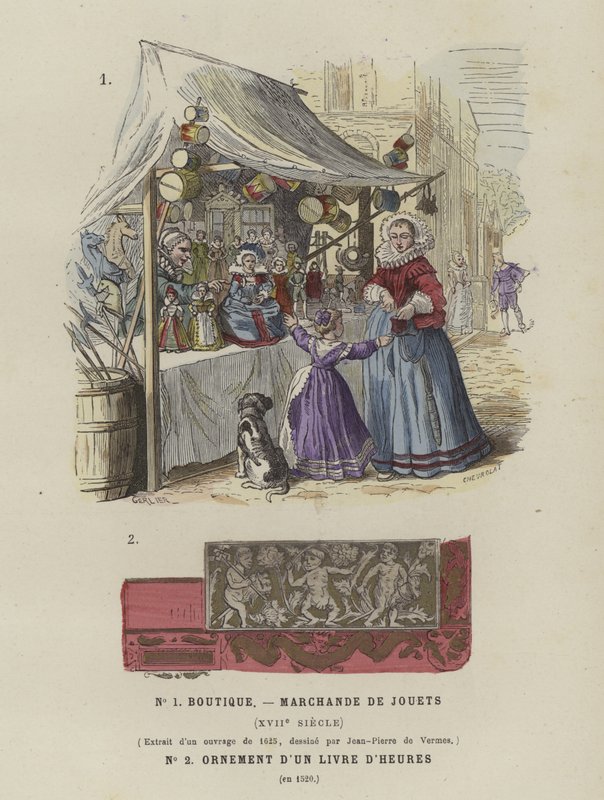 Speelgoedkraam, 17e eeuw, en decoratie uit een getijdenboek, 1520 door French School
