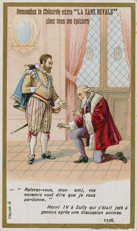 Handelskaart met de reactie van koning Hendrik IV van Frankrijk op de hertog van Sully door French School