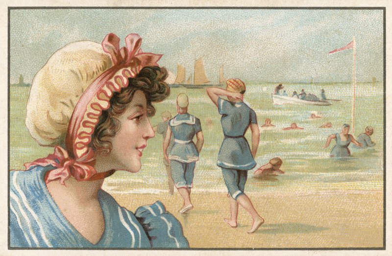 Handelskaart met een close-up afbeelding van een vrouw in strandkleding door French School