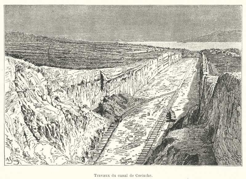 Werken aan het Kanaal van Korinthe (gravure) door French School