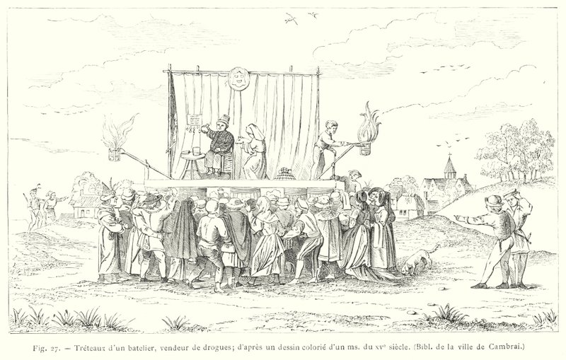 Podium van een schipper, verkoper van medicijnen, naar een gekleurd tekening uit een manuscript uit de 15e eeuw door French School