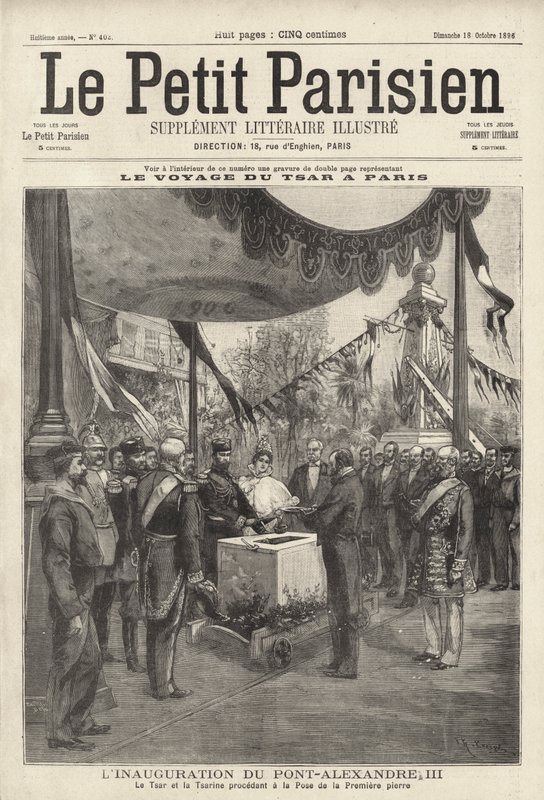Tsaar Nicolaas II en Tsarina Alexandra van Rusland bij een ceremonie voor het leggen van de eerste steen van de Pont Alexandre III in Parijs tijdens hun bezoek aan Frankrijk door French School