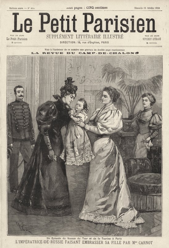 Tsarina Alexandra van Rusland nodigt de weduwe van de Franse president Sadi Carnot uit om haar dochter, Groothertogin Olga, te kussen tijdens het bezoek van de Russische Keizerlijke Familie aan Parijs door French School
