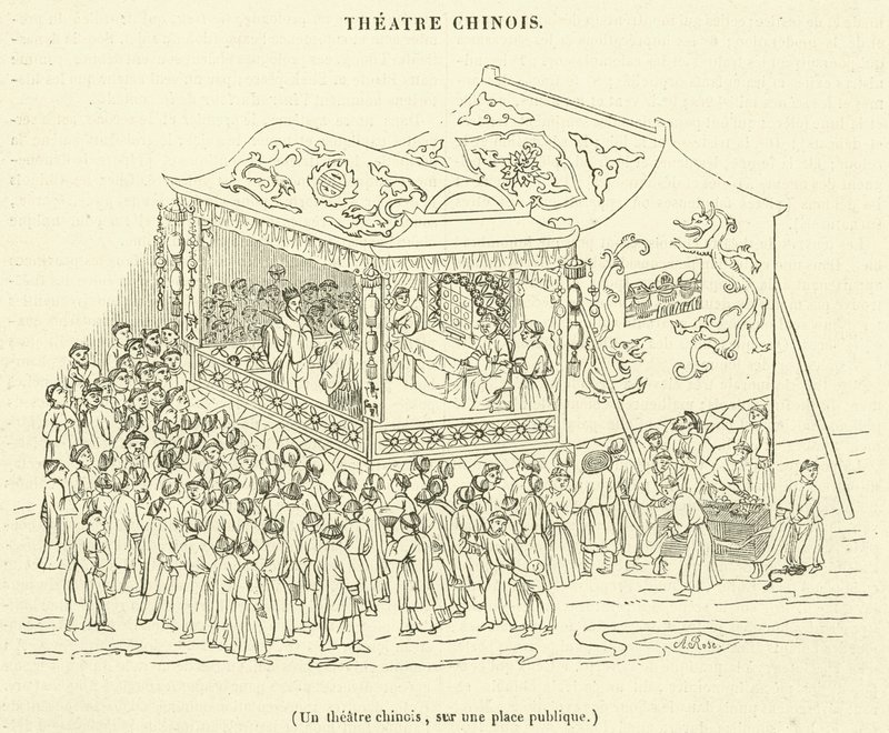 Een Chinees theater, op een openbaar plein (gravure) door French School