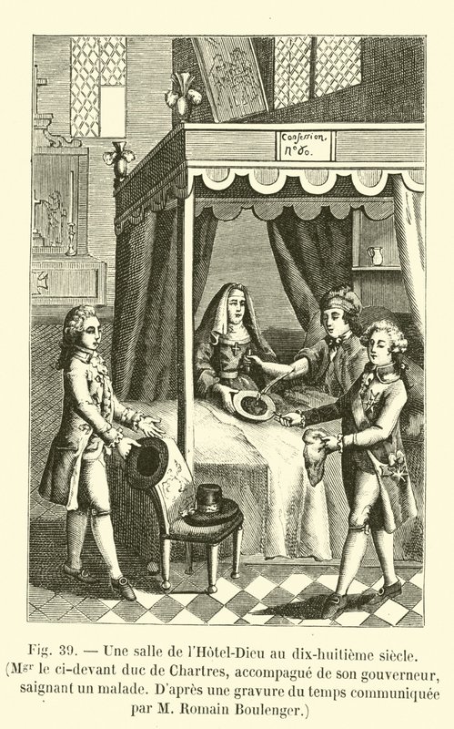 Een zaal van het Hotel-Dieu in de achttiende eeuw, Mgr de voormalige hertog van Chartres, vergezeld door zijn gouverneur, bloedt een zieke, Naar een gravure uit die tijd verstrekt door M. Romain Boulenger door French School