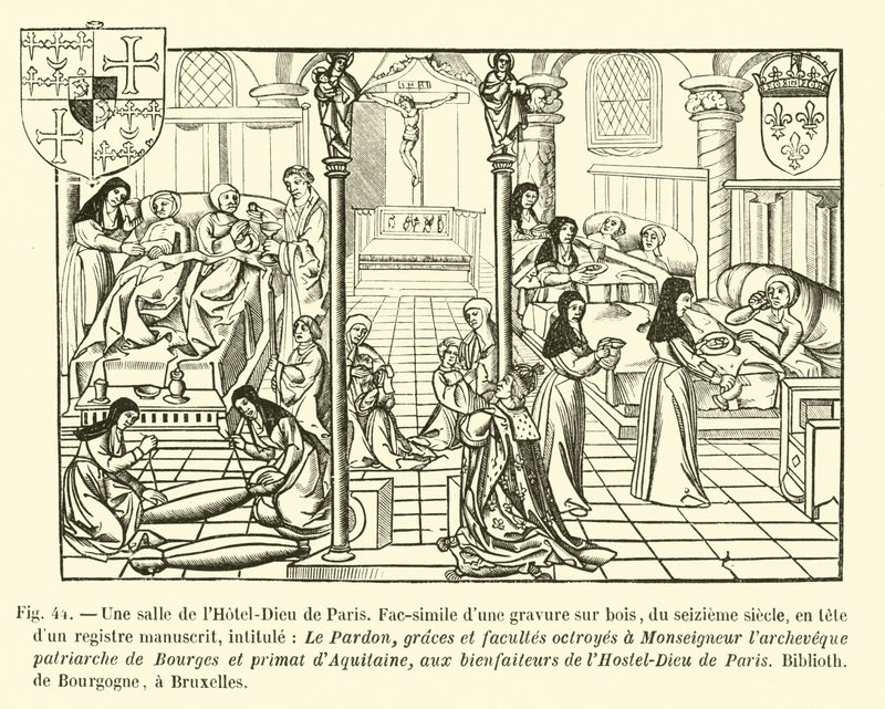 Een zaal van het Hotel-Dieu van Parijs door French School